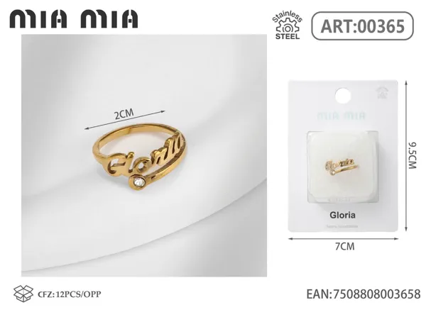Anillo ajustable de acero inoxidable con nombre Gloria, color dorado