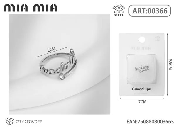 Anillo ajustable de acero inoxidable con nombre Guadalupe, color acero