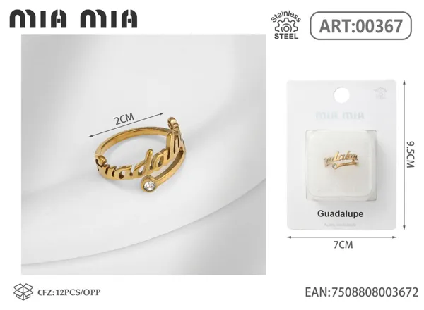 Anillo ajustable de acero inoxidable con nombre Guadalupe, color dorado