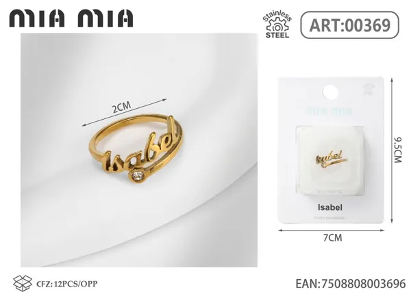Anillo ajustable de acero inoxidable con nombre Isabel, color dorado