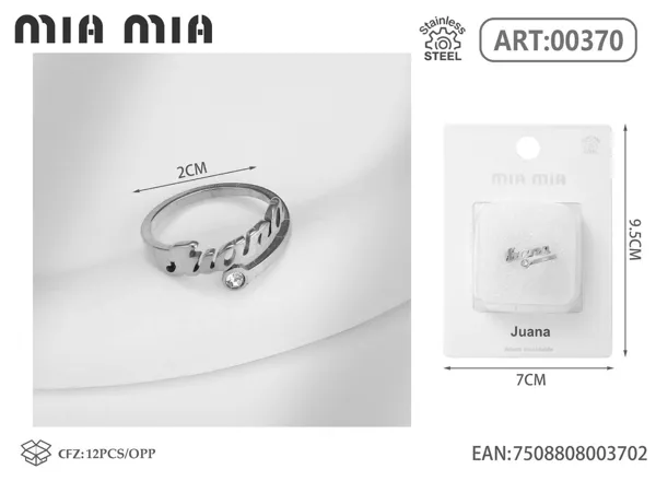 Anillo ajustable de acero inoxidable con nombre Juana, color acero