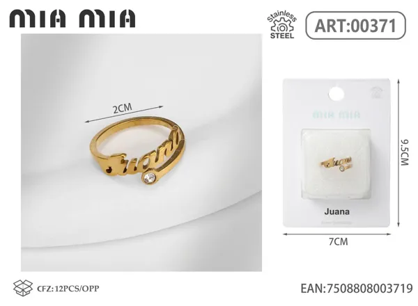Anillo ajustable de acero inoxidable con nombre Juana, color dorado