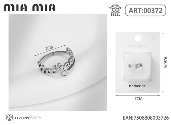 Anillo ajustable de acero inoxidable con nombre Katherine, color acero