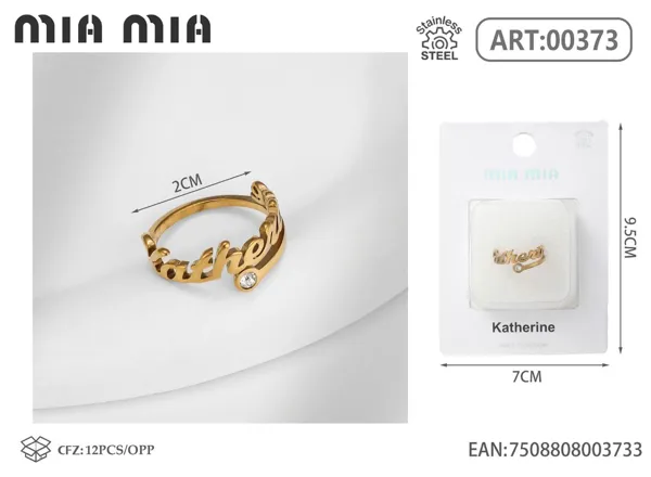 Anillo ajustable de acero inoxidable con nombre Katherine, color dorado