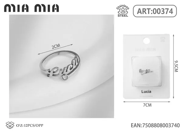 Anillo ajustable de acero inoxidable con nombre Lucía, color acero