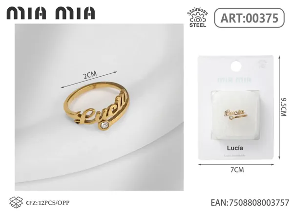 Anillo ajustable de acero inoxidable con nombre Lucía, color dorado
