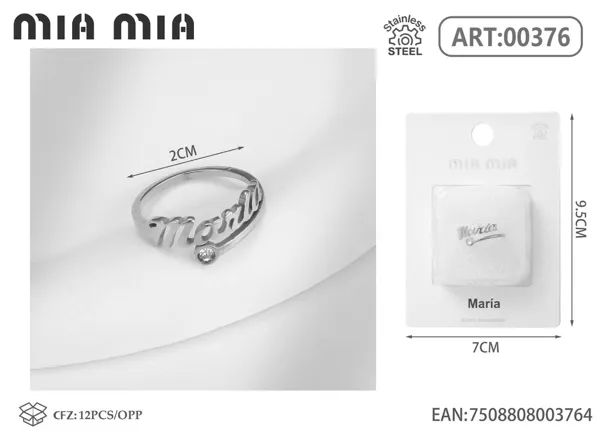 Anillo ajustable de acero inoxidable con nombre María, color acero