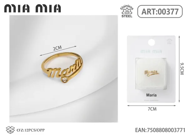 Anillo ajustable de acero inoxidable con nombre María, color dorado