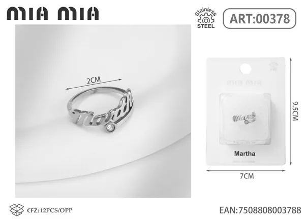 Anillo ajustable de acero inoxidable con nombre Martha, color acero