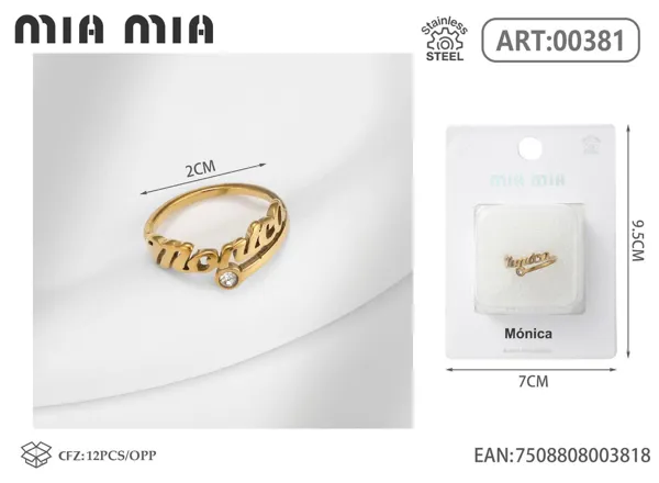 Anillo ajustable de acero inoxidable con nombre Mónica, color dorado