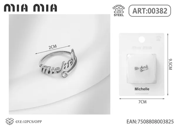 Anillo ajustable de acero inoxidable con nombre Michelle, color acero