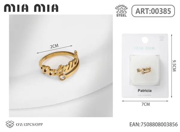 Anillo ajustable de acero inoxidable con nombre Patricia, color dorado