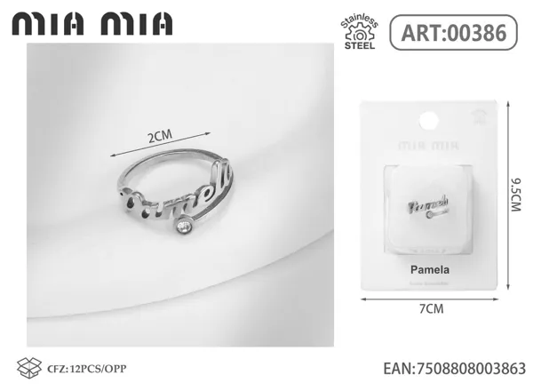 Anillo ajustable de acero inoxidable con nombre Pamela, color acero