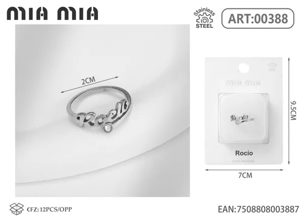 Anillo ajustable de acero inoxidable con nombre Rocío, color acero
