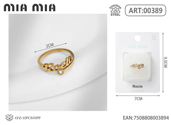 Anillo ajustable de acero inoxidable con nombre Rocío, color dorado