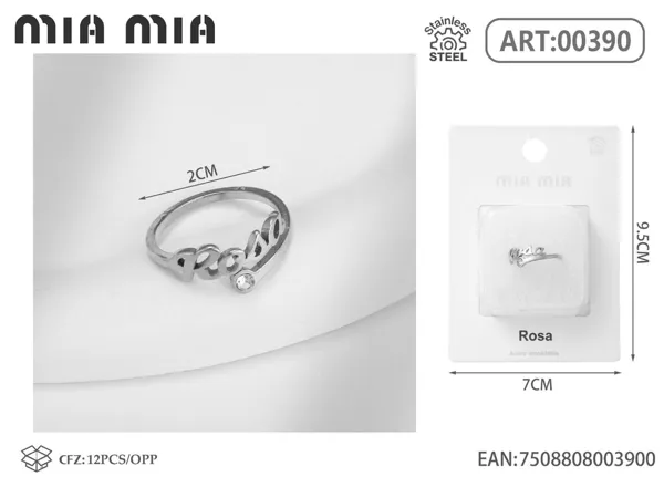 Anillo ajustable de acero inoxidable con nombre Rosa, color acero