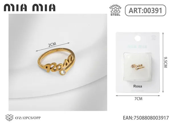 Anillo ajustable de acero inoxidable con nombre Rosa, color dorado