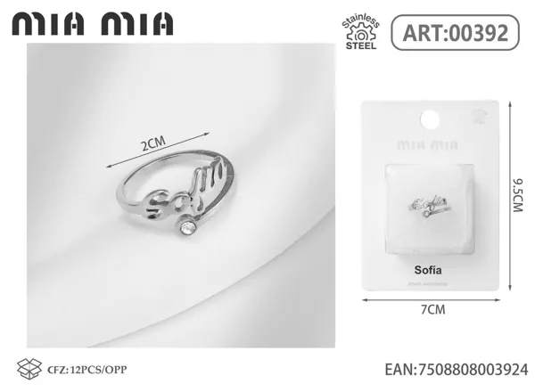 Anillo ajustable de acero inoxidable con nombre Sofía, color acero