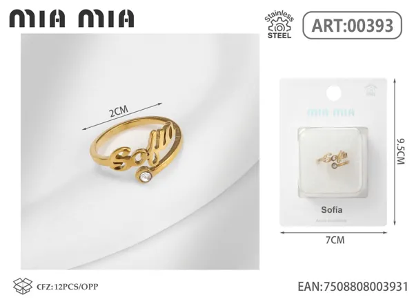 Anillo ajustable de acero inoxidable con nombre Sofía, color dorado