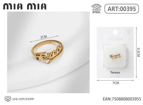 Anillo ajustable de acero inoxidable con nombre Teresa, color dorado