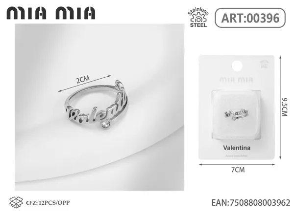 Anillo ajustable de acero inoxidable con nombre Valentina, color acero