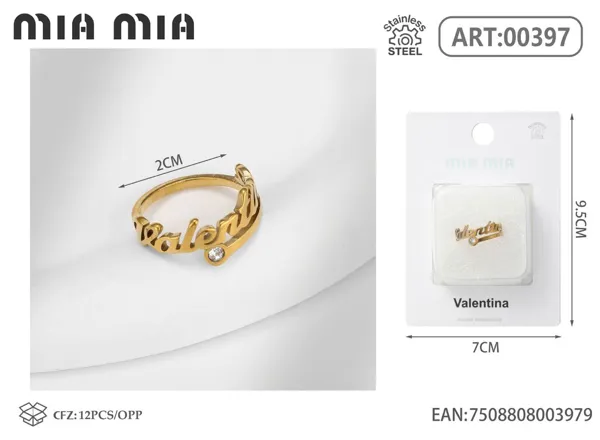 Anillo ajustable de acero inoxidable con nombre Valentina, color dorado