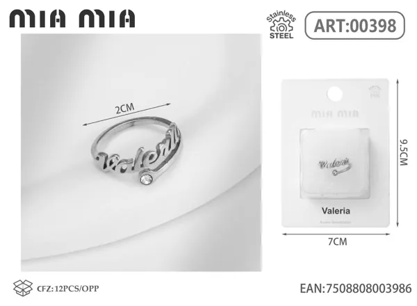 Anillo ajustable de acero inoxidable con nombre Valeria, color acero