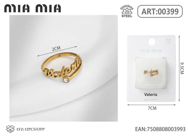 Anillo ajustable de acero inoxidable con nombre Valeria, color dorado
