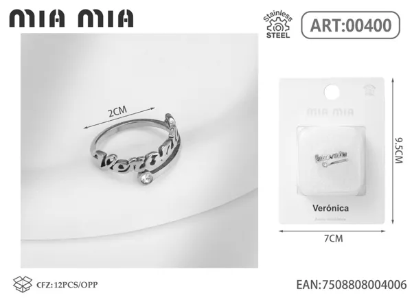 Anillo ajustable de acero inoxidable con nombre Verónica, color acero