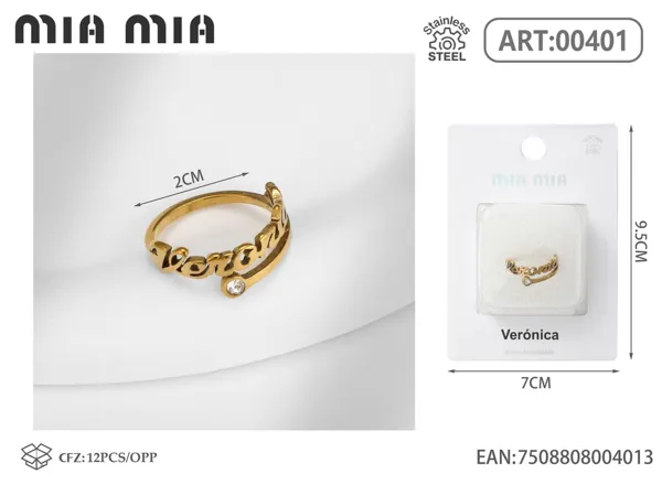 Anillo ajustable de acero inoxidable con nombre Verónica, color dorado