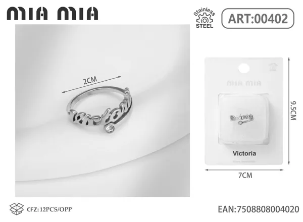 Anillo ajustable de acero inoxidable con nombre Victoria, color acero