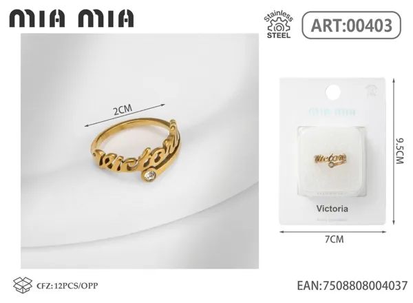 Anillo ajustable de acero inoxidable con nombre Victoria, color dorado
