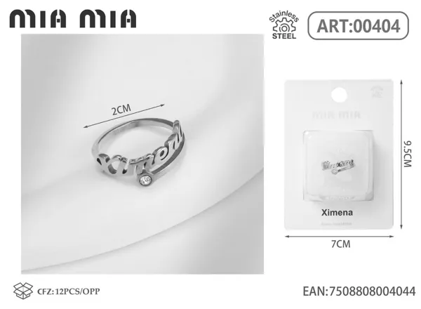 Anillo ajustable de acero inoxidable con nombre Ximena, color acero
