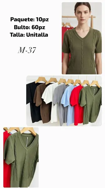 Suéter cuello en V de punto trenzado manga corta