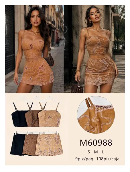 Conjunto de top y falda con detalles de encaje