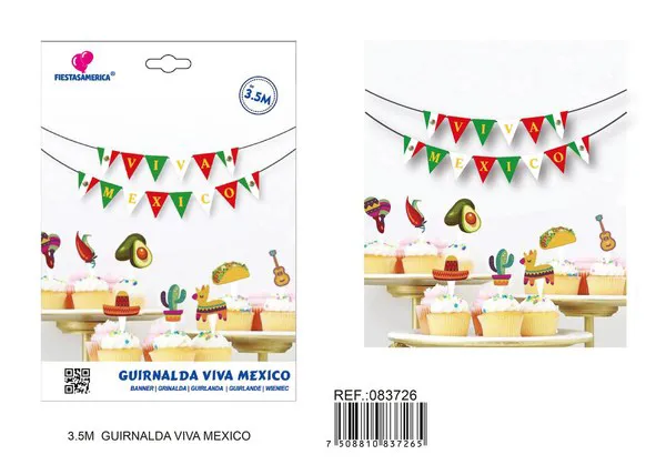 Banderín triangular dorado impreso "Viva México", 10 piezas, 3.5 m