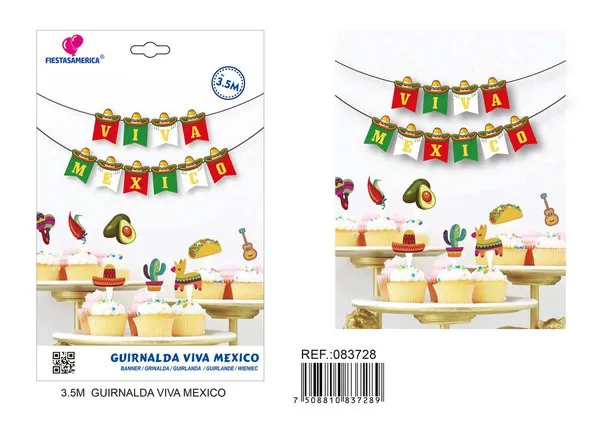 Banderín cola de golondrina dorado impreso "Viva México", 10 piezas, 3.5 m