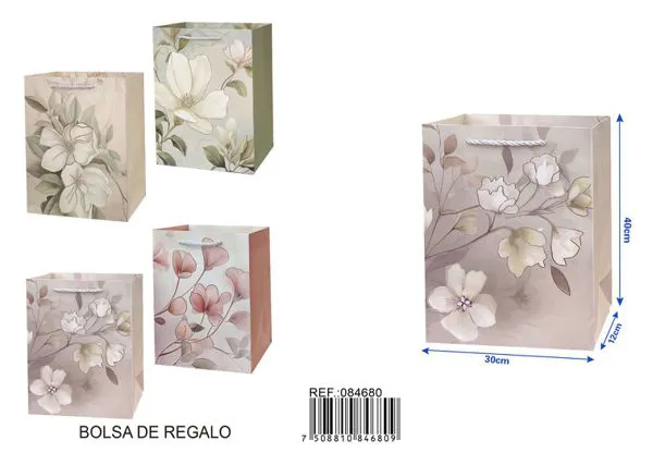 Bolsa de regalo diseño floral con glitter, 40x30x12 cm