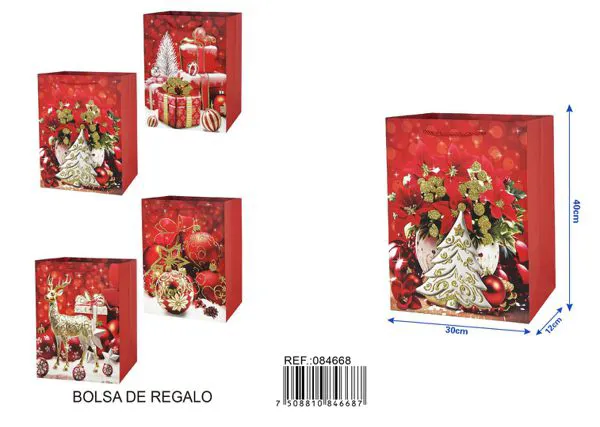 Bolsa de regalo navideña con glitter, 40x30x12 cm