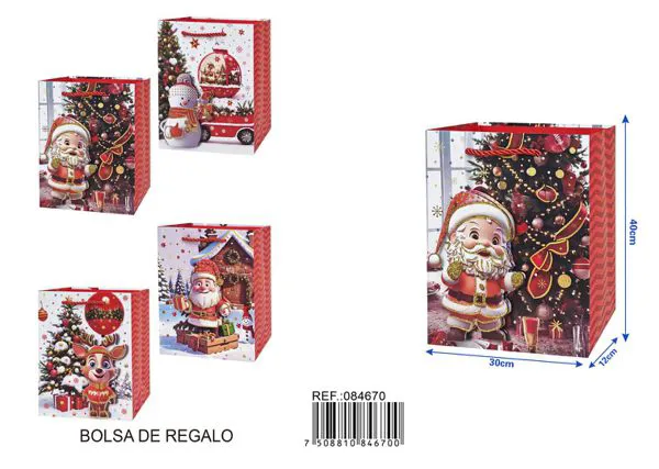 Bolsa de regalo navideña con glitter en relieve, 40x30x12 cm