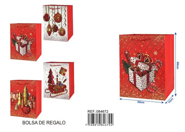 Bolsa de regalo navideña estampado dorado, 40x30x12 cm