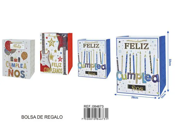 Bolsa de regalo de cumpleaños con glitter, 32x26x12 cm