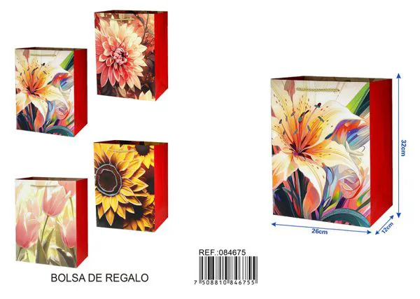 Bolsa de regalo diseño floral con glitter, 32x26x12 cm