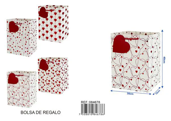 Bolsa de regalo de San Valentín estampado dorado, 40x30x12 cm