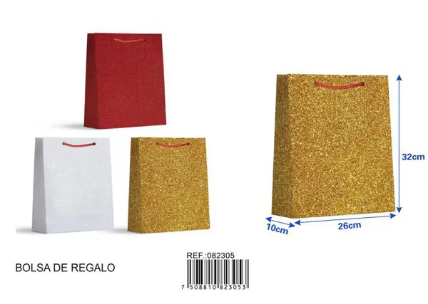 Bolsa de regalo con glitter dorado, 26x32x10 cm
