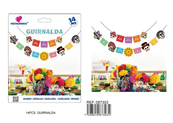 Banderín de Día de Muertos, 14 piezas, 5 m