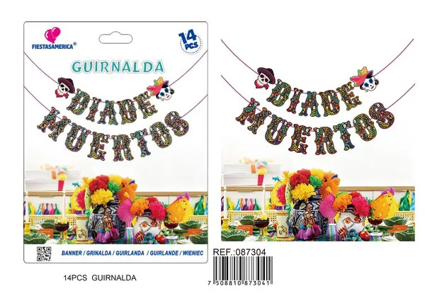Banderín de Día de Muertos, 14 piezas, 5 m