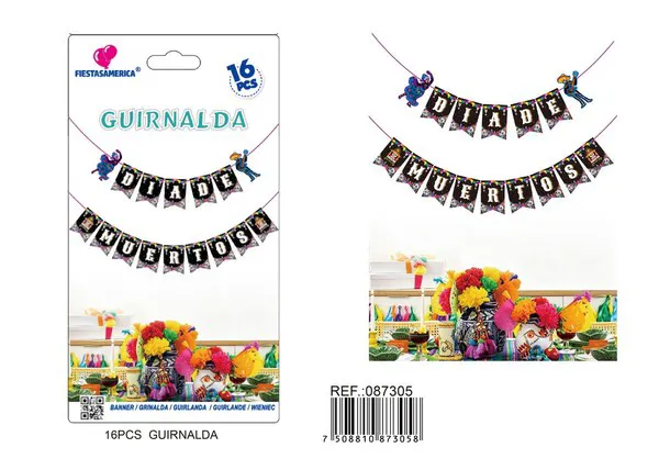 Banderín de Día de Muertos, 16 piezas, 5 m