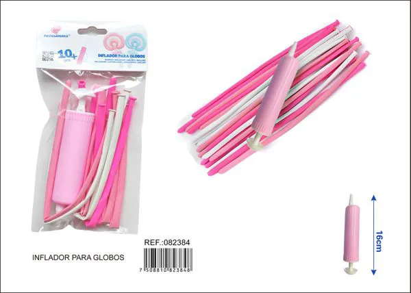 Inflador de mano pequeño de doble uso más 10 globos largos modeladores mate color rosa degradado