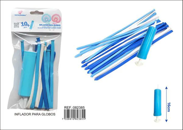 Inflador de mano pequeño de doble uso más 10 globos largos modeladores mate color azul degradado
